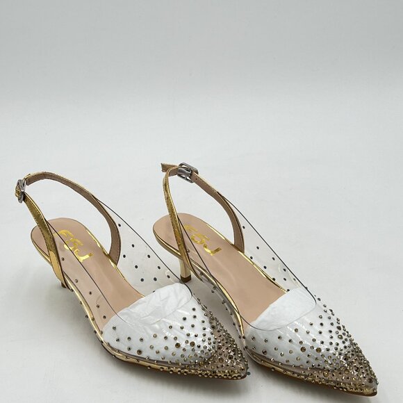 FSJ Gold Crystal Clear Rhinestones Low Heel Slingback Pointed Toe Sandals - Picture 3 of 7